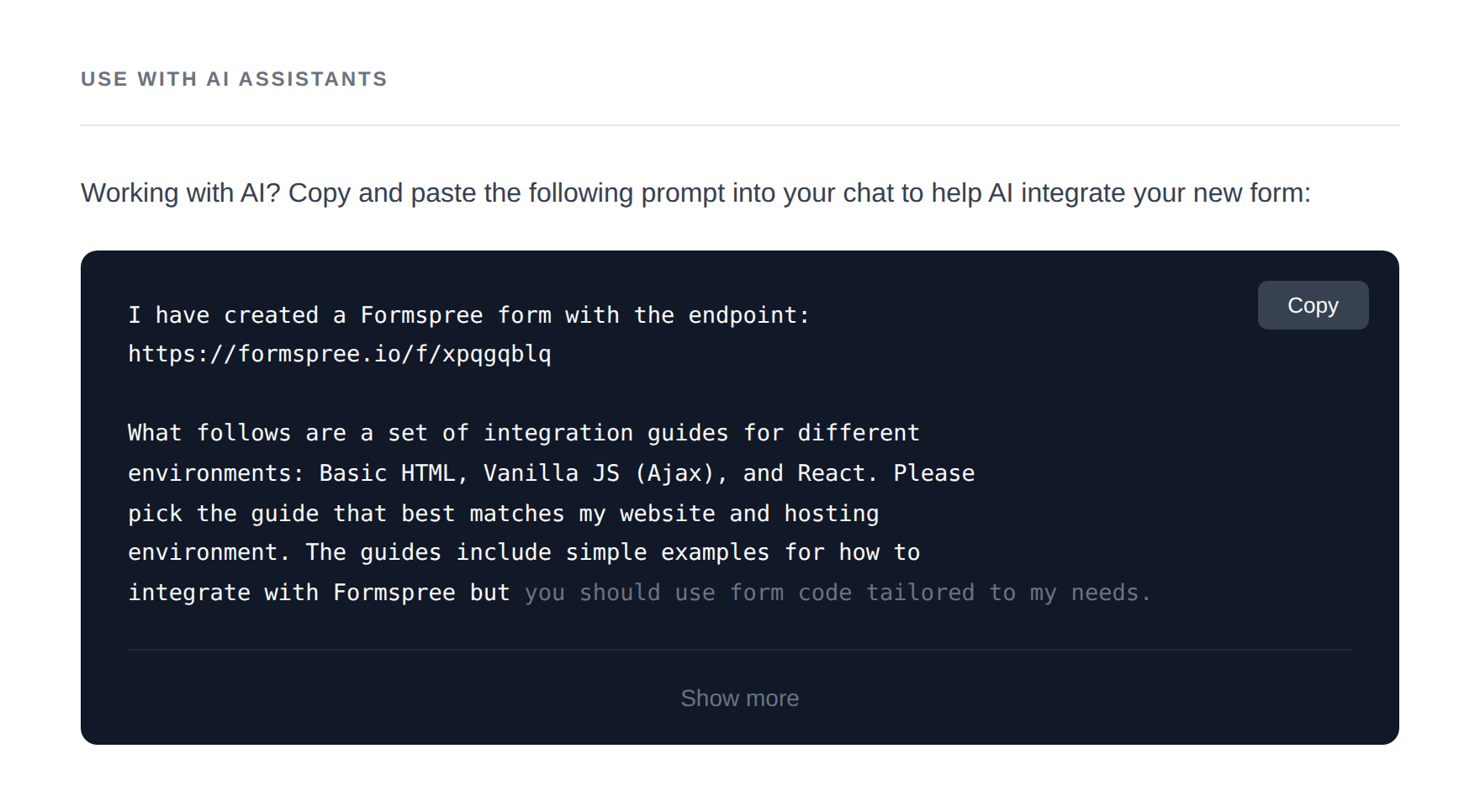 Formspree's "Use with AI Assistants" panel
